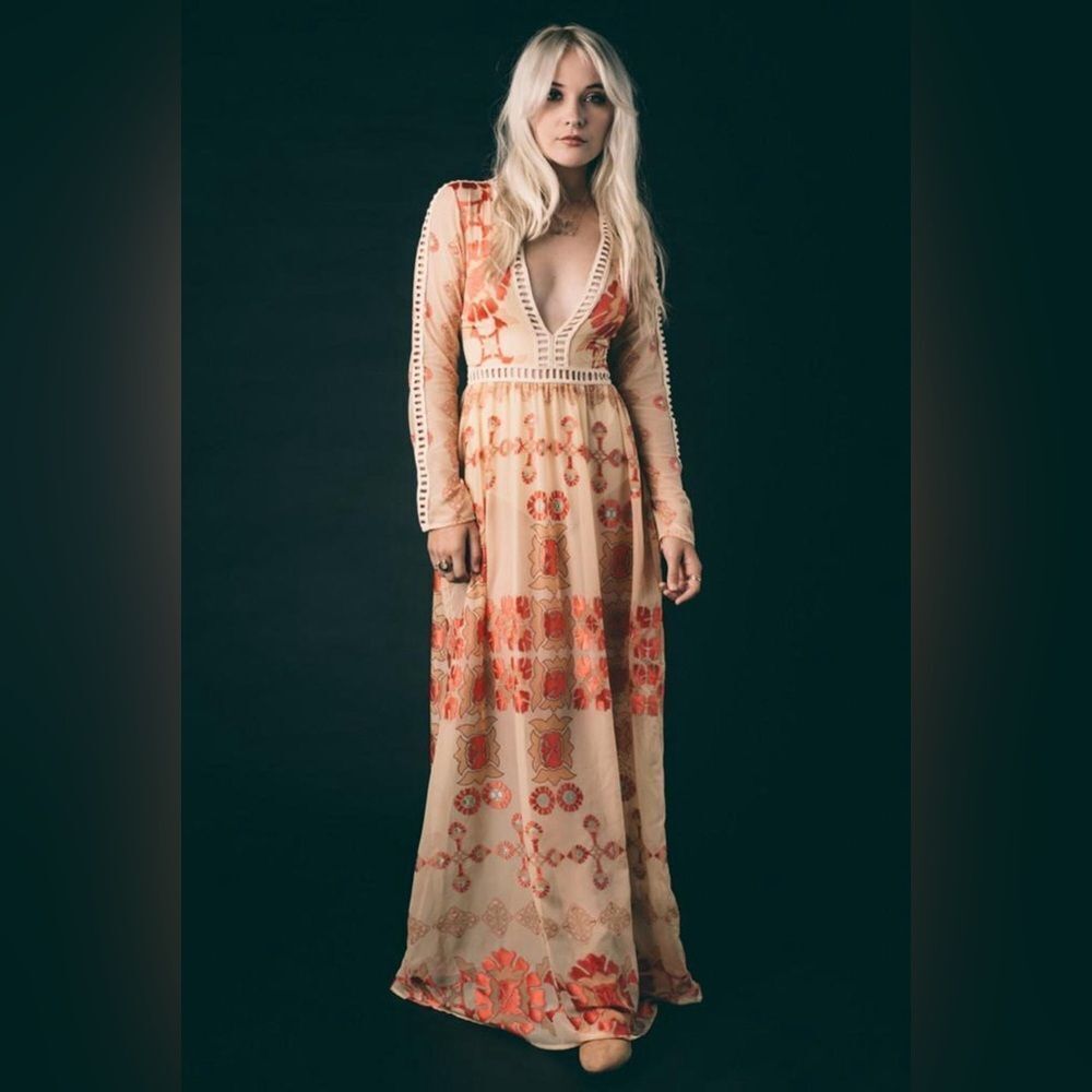 For Love And Lemons Barcelona Beige and Orange Long Sleeve Dress - Picture 3 of 7